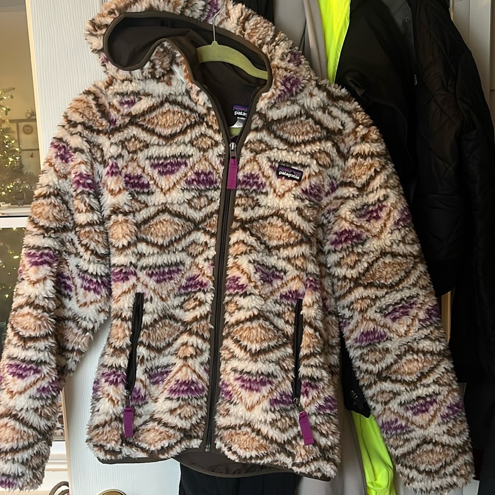 Patagonia Women's Cream, Brown & Purple Fleece Hooded Jacket